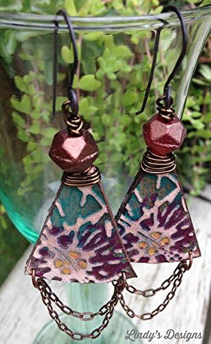 Embossed Leather Earrings with Antique Cut Czech Glass and Vintage Brass Chain Dangles Handmade Copper Earwires