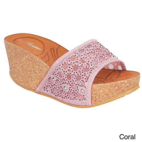 Forever Womens Cork Wedge Open Toe Rhinestone Embellished Sandals