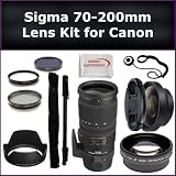 Sigma 70-200mm f/2.8 EX DG APO OS HSM Lens Kit for Canon EOS Rebel XS EOS 1000D, XSi EOS 450D, XT EOS 350D, XTi EOS 400D Digital SLR Cameras. Also Includes: 0.45X Wide Angle Lens, 2X Telephoto Lens, Lens Cap, Lens Hood, Lens Cap Keeper, 3 Piece Filter Kit (UV-FLD-CPL), Monopod and Microfiber Cleaning Cloth