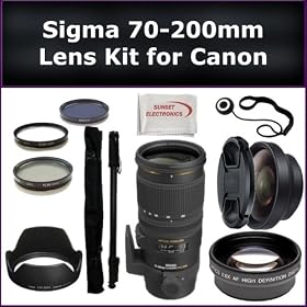Sigma 70-200mm f/2.8 EX DG APO OS HSM Lens Kit for Canon EOS Rebel XS EOS 1000D, XSi EOS 450D, XT EOS 350D, XTi EOS 400D Digital SLR Cameras. Also Includes: 0.45X Wide Angle Lens, 2X Telephoto Lens, Lens Cap, Lens Hood, Lens Cap Keeper, 3 Piece Filter Kit (UV-FLD-CPL), Monopod and Microfiber Cleanin