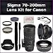 Sigma 70-200mm f/2.8 EX DG APO OS HSM Lens Kit for Canon EOS Rebel XS EOS 1000D, XSi EOS 450D, XT EOS 350D, XTi EOS 400D Digital SLR Cameras. Also Includes: 0.45X Wide Angle Lens, 2X Telephoto Lens, Lens Cap, Lens Hood, Lens Cap Keeper, 3 Piece Filter Kit (UV-FLD-CPL), Monopod and Microfiber Cleaning Cloth