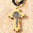 Durable Nylon String Necklace - 1.75" Natural Wood Crucifix with Silver Corpus & Medal - Made in Italy