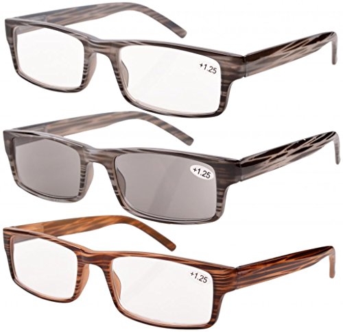 Spring Hinge Striped Reading Glasses (3 Pairs) Men Includes Sun Readers +4.00