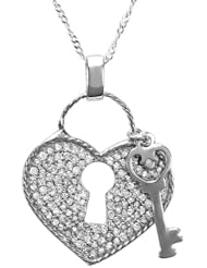 0.75 Carat (ctw) Sterling Silver Round White Diamond Ladies Heart & Key Pendant 3/4 CT