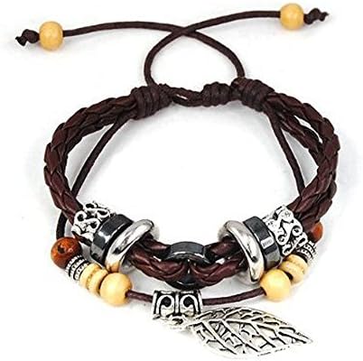 Tricess Fashion Vintage Style Leaf Pendant Pandora Beads Leather Bracelet