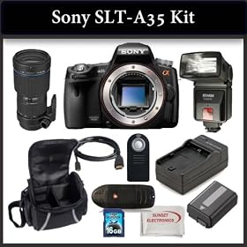 Sony SLT-A35 Digital Camera Kit Includes: Sony SLT-A35 Camera, Tamron 70-200mm f/2.8 Di LD (IF) Macro AF Lens, Bower SFD328 Digital Slave Flash, Extended Life Battery, Rapid Travel Charger, HDMI Cable, 16GB SDHC Memory Card, Memory Card Reader, Wireless Remote, Soft Carrying Case and SSE Microfiber 