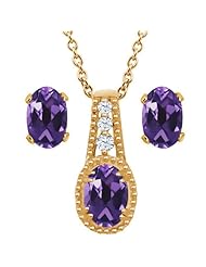 1.73 Ct Oval Purple Amethyst 14K Yellow Gold Pendant Earrings Set