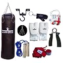 Vinyl Black Punch Bags Set 3 feet with Free Chrome Plated chain, Bag Mitts, Heavy dute Metal Ceiling Hook, Nylon Skipping Rope Blue, Boxing Glove UK Flagged Miniature and novelty, Boxing Gloves Key Chain Black and Red Hand Wraps