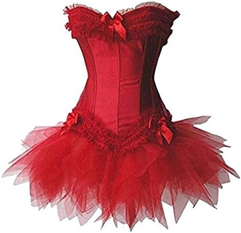 ErQi 070T Lace Up Boned Corset Burlesque Busiter TuTu Skirt Costume Medium Red