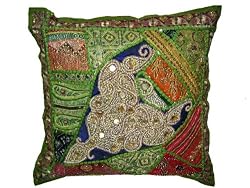 Vintage India Sari Patchwork Green Moti Beaded Floor Cushion Cover 24 Inch