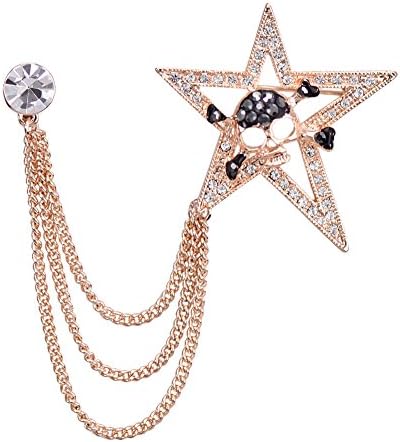 OUDUO Women's Cross Bones Skull Heads Brooch Star Pin With Chain Jewelry Gold