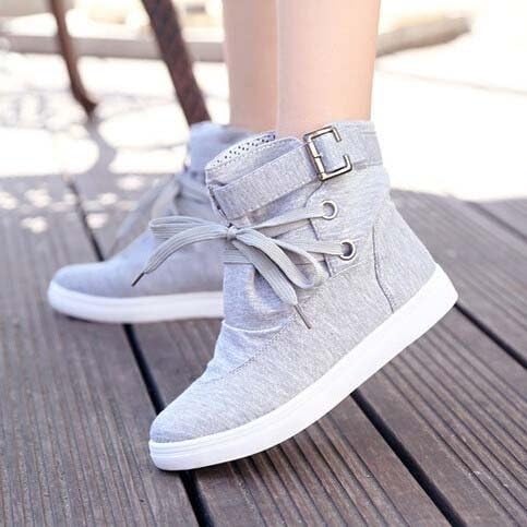 Women Buckle -Up Solid Lace-Up Casual Flats Canvas Shoes Female Sneakers Ankle Boots