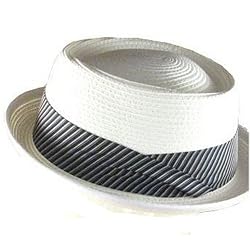 New Braid Upturn Brim Stripe Wide Band Porkpie Hat White Medium / Large