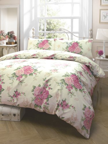 PINK ROSE FLORAL PRINT DOUBLE DUVET COVER BED SET