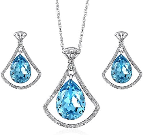Lelekiss Platinum-Plated Fan-Shaped and Aquamarine SWAROVSKI ELEMENTS Teardrop Crystal Pendant Necklace and Earrings Jewelry Set, Best Gifts for Her