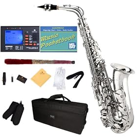 Mendini MAS-N Nickel Plated E Flat Alto Saxophone + Case, Accessories & Free Chromatic Tuner with Metronome