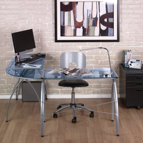 Check For Discount Price For Calico Designs Jameson L-Shaped Glass Writing / Laptop Desk - Blue Glass - 50310