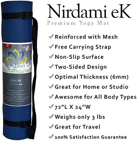 Nirdami eK Reinforced Yoga Mat with Adjustable Carrying Strap, 1/4-Inch (6mm) Extra Thick, Great for Travel