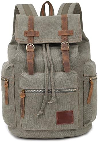 Egooo Men's Travel Backpack Bag Canvas Leather Bag (Green-L)