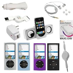 GTMax 4 Soft Rubber Silicone Skin Cases + USB Car Charger + USB Home Charger + USB Data Cable + LCD Screen Protector + Stereo Candy Soft Gel Headset 3.5mm + Car AUX Stereo Cable + Mini Speaker for Apple iPod nano 16GB 8GB 5th 5G Generation NEWEST MODEL