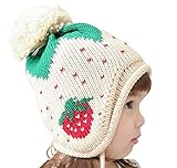 Plus Nao(プラスナオ) 子供用 帽子 ニット帽 耳あて付き帽子 ボンボン＆顎ひも付き 模様編み イチゴ模様 ニットキャップ キッズ 冬帽子 - レッド