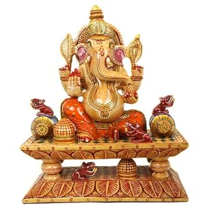 Wooden Ganesh Statue - Hand Carved & Hand Painted