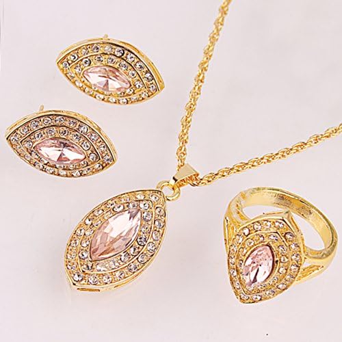 Julycoffee Unique 14k Gold Filled Ellipse Cut Pink Sapphire Wedding Gift For Vogue Women/Girls Necklace Earrings Ring Jewelry Set B139