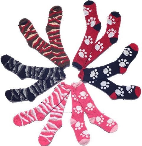 Best 6 Pack Warm Winter Fuzzy Cozy Fluffy 3 Paw & 3 Zebra Animal Print Pinks Crew Socks FashionNut Best Stocking Stuffer Gift Idea Young Ladies Girlfriend Teacher Under $10