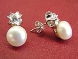 Fashion Jewelry ~ White Color Freshwater Pearl and Sterling Silver with Crystals Stud Earings