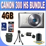 Canon PowerShot ELPH 300 HS 12.1 MP Digital Camera (Silver) W/4GB SDHC Memory + USB Card Reader + Shock Proof Case w/Strap + Mini Tripod + Accessory Saver Bundle!