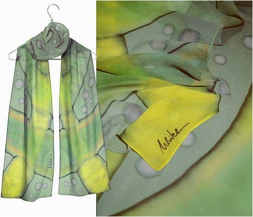 ULRIKE Long Slim Chiffon Silk Scarf - A bold design in a delicious array of greens from pistachio to mint, sage, and key lime on a soft grayed teal.