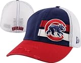 Chicago Cubs Stretch Fit Hat: New Era 39THIRTY Double Stripe Trucker Mesh Hat