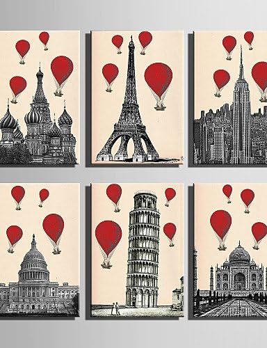 Stretched Canvas Art Hot Air Balloon And European Architecture Series Decoration Painting MINI SIZE One Pcs , 7" x 10"