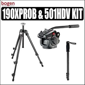 Manfrotto 190XPROB 3 Section Aluminum Pro Tripod & Manfrotto 501HDV Pro Video Fluid Head With Quick Release & Bonus Maccabee Monopod
