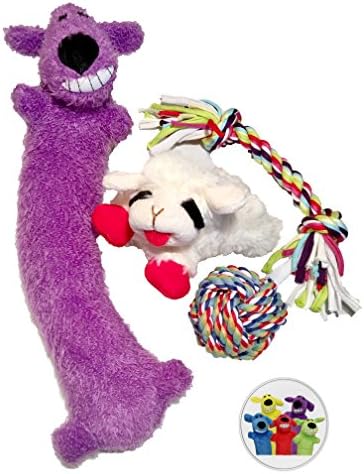 Dog Toys for Small-Medium Dogs (SET of 4) Chewing and Playing Tug of War Item, Cute Rope Ball, Squeaky Lamb Chop and Plush Loofa