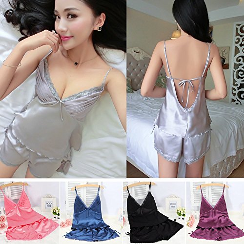 MIOIM® キャミソール ショートパンツ 全2点セット フェイク シルク セクシー Vネック ノースリーブ スリップ ネグリジェ 部屋着 下着 インナーウエア ナイトウェア ゆとり タッチ 透け ランジェリー ベビードール