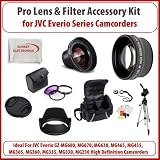 2 Lens & Filter Kit Accessory Kit For The JVC Everio GZ-MG680, MG670, MG630, MG465, MG435, MG365, MG360, MG335, MG330, MG230 High Definition Camcorders: Includes 0.45x Wide Angle Macro Lens, 2x Telephoto Lens, 3 Piece Fitler Kit (UV, Circular Polorizer, ND), Lens Hood, Lens Cap, Tripod, Case and more…