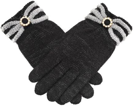 Rhinestone Accent Stretch Knit Warm Winter Gloves Black Color