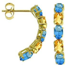 14k Gold Pin Earrings with Genuine Blue Topazs and Citrines by 