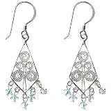 Sterling Silver Lace Filigree Diamond Shaped Earring with Aquamarine Crystal Drops