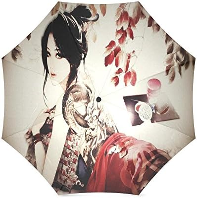 Design Custom Japanese Geisha Girl Art Folding Portable Outdoor Rain /Sun Umbrella Beach Travel Shade Sunscreen For Women/Men