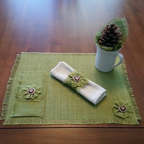Burlap Autumn Apple Green Placemats, Silverware Holders and Napkin Rings with Handmade Flower Accent (Set of 4 or 6)