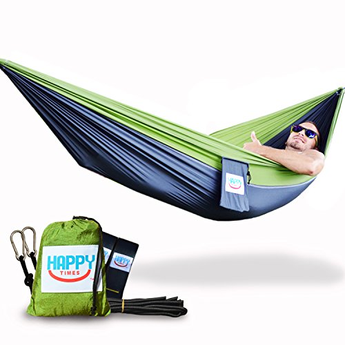 Happy Times Parachute Hammock and Tree Straps with Paracords and Carabiners Bundle – Olive Green and Charcoal Gray – nylon, portable, camping, travel, therapy swing, music festivals
