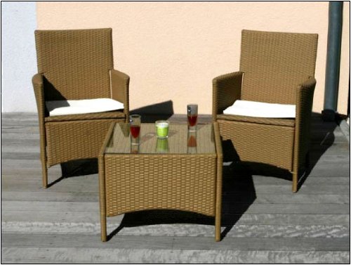 HULARO Garnitur Tisch+Sessel, Poly-Rattan ~ mit 2x Korbsessel