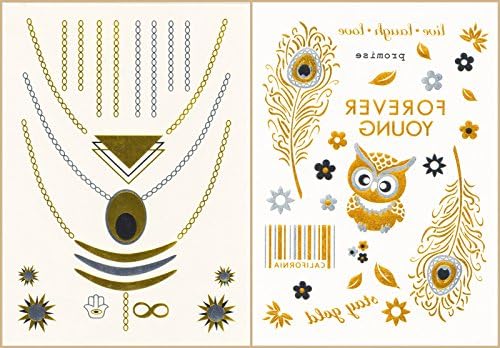 Metallic Temporary Tattoos Beautiful Tattoo Flash Body Art Jewelry Trendy Tattoo Designs Rings, Bands, Necklaces Crosses Feathers and More Professional Art Black Silver Gold Tattoo
