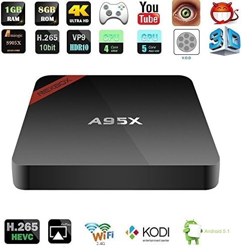 NEXBOX A95X Android 5.1 TV Box Amlogic S905 Quad Core 64Bit Support Wi-Fi 4K HD KODI 16.1 Fully loaded 1GB/8GB for Streaming TV Media Player