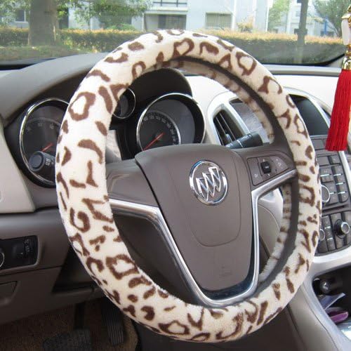 3 Color Universal Fits Plush Leopard Auto Car Steering Wheel Cover Anti Skid 38cm/15'' (Beige)