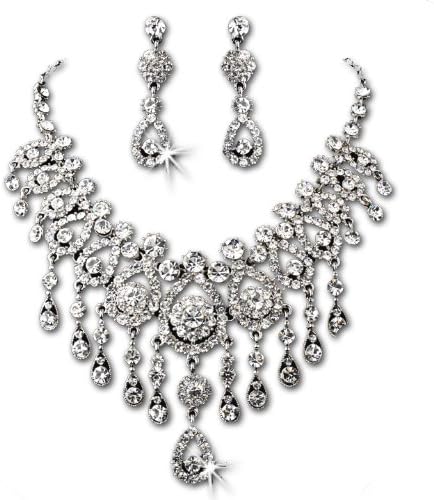 Silver-Tone Clear Rhinestone Statement Necklace & Earrings Set Bridal Jewelry