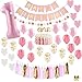 PartyHooman BGD0001 First Birthday Decorations for Girl | 1st Baby Girl# 1 Balloon, One Cake Topper, Star Garland, Marble Pink, Gold Confetti, Heart Balloons, Paper Tassels, Pink