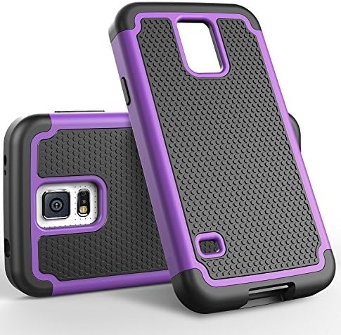 S5 Case, Hongqing Shop 2 in 1 Drop Protection Heavy Duty Design Hybrid Hard PC with Soft Rubber Regular Hexagon Textured Shield Combine Black Silicone Inner Bumper Combo Cover Case (Purple/Black)